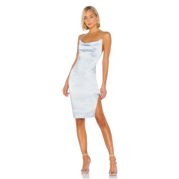 Nwt revolve superdown billie drape midi dress blue satin crisscross side slit me - Picture 2 of 8